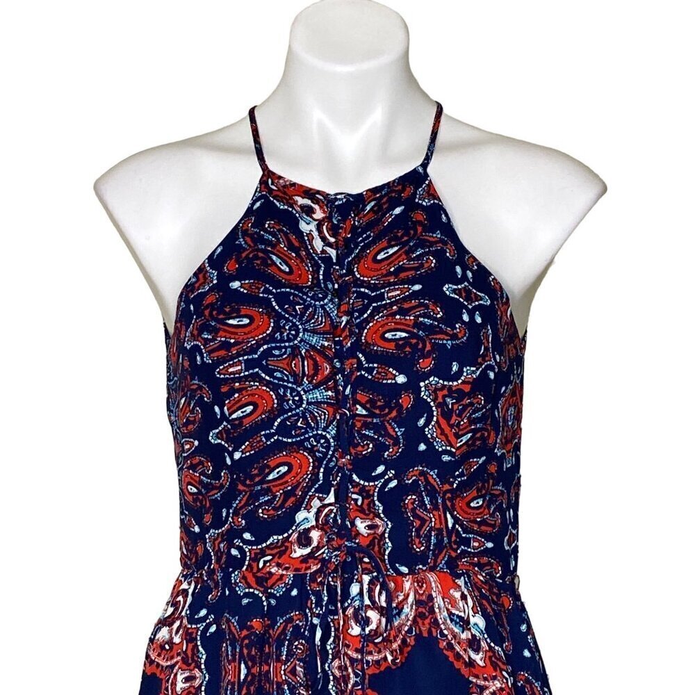Parker Bandana Print Lace-up Halter Mini Dress, Navy Red Ruffle Hem Women's S - Picture 4 of 12